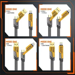 RoarX Type C 6 A 1 m Braided Nylon 4 in 1 Indestructible Cable 60W with to type C, type C to C, to type A compatible for iPhones, iPads, MacBook, Type C Laptops, 60W [Fast Charging & Data Sync] Flat Braided Anti-Tangle Charger Multi Charging Velcro Cable with Lightning/Type C/USB A " image 3