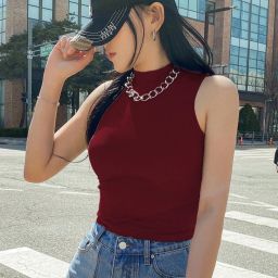Women Solid High Neck Cotton Blend Maroon T-Shirt-image-55