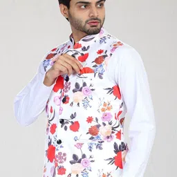 TAHVO Men White & Red Printed Nehru Jackets image 5