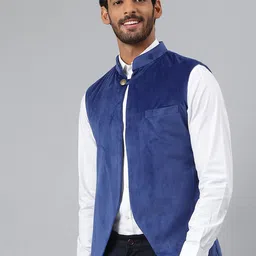 MR BUTTON Men Blue Solid Front-Open Nehru Jacket image 4