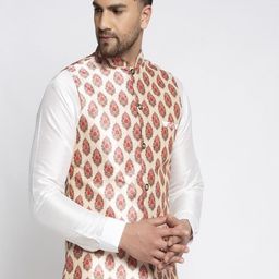 Kaifoo Men Beige & Red Printed Woven Nehru Jacket image 3