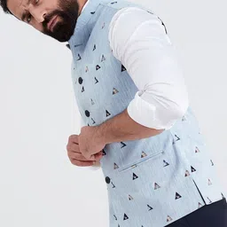 MR BUTTON Men Blue Printed Woven Nehru Jacket image 4
