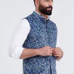 MR BUTTON Men Blue Printed Woven Nehru Jackets image 5