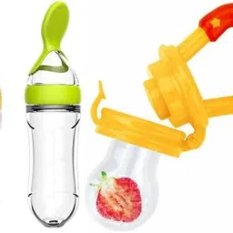 Squeezy Food Grade Silicone Bottle Feeder & Silicone Food Fruit Pacifier/Nibbler/Soother for Babies/Kids/Children (Squeezy Feeder 'Yellow Green'' + Pacifier 'Yellow') (Pack of 3) - Silicone - SILICONE ( Yellow, Green, White ) Buy 2 Spoon feeder Get 1 Fruit feeder Free - SILICONE (Yellow, Green, Yellow)- SILICONE-4