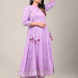 YUSRA Floral Printed Regular Thread Work Pure Cotton Kurta With Trousers & Dupatta image 3