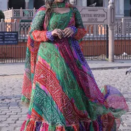 Swadeshi Shringaar Bandhani Printed Anarkali Kurta with Trousers & Dupatta image 3