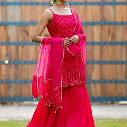 GILLORI Floral Embroidered Mirror Work Kurti with Sharara & Dupatta image 3