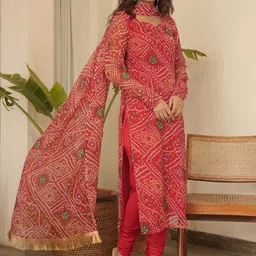 OneWe Bandhani Printed Regular Silk Chiffon Kurta with Churidar & Dupatta image 3