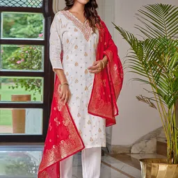 KALINI Floral Embroidered Regular Thread Work Kurta with Trousers & With Dupatta image 3
