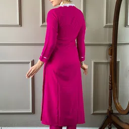 KALINI V-Neck Regular Thread Work Straight Kurta With Trousers & Dupatta image 3