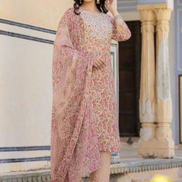Varanga Ethnic Motifs Printed Regular Thread Work Kurta with Palazzo & Dupatta image 3