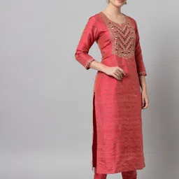 Tulsattva Women Magenta Embroidered Mirror Work Dupion Silk Kurta with Trousers & With Dupatta image 3