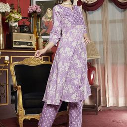 Sangria Floral Printed Keyhole Neck Mirror Work A Line Kurta With Trouser & Dupatta image 3