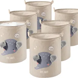 Cotton, Polyester Pack of 6 Clothes Basket 38 Ltr with Handle | GM-17-LGRY | Big Ears -White Storage Basket-image-17