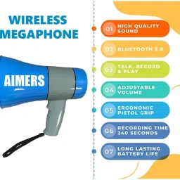 aimers Siren Handheld Loudspeaker Bluetooth Megaphone (Red-White) Indoor, Outdoor Megaphone Speaker, USB Memory Card Input For Announcing Talk Record Play, Indoor, Outdoor PA System image 2