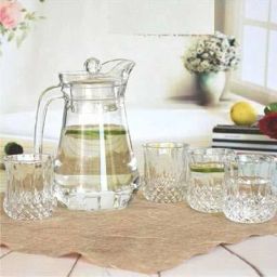 Juice/ Water Jug Carafes and Pitchers Glass for Dinner Table Green Apple Duck Pot 1.3L Glass Pitcher with Plastic lid (Set of 6 Glass 220 ML, Jug 1.3 L ) Jug Glass Set-0