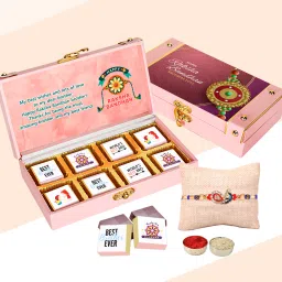 Raksha Bandhan Chocolate Gift Hamper For Brother 8pcs Chocolate, Designer Rakhi Wooden Gift Box-23