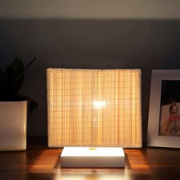 Devansh Beige & White Textured Square Bamboo Table Lamp With Wooden Base image 2
