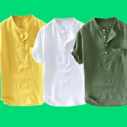 Pack of 3 Men Solid Cotton Blend Straight Kurta-picture-3
