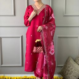 Women Chanderi Kurti Pant Attached Dupatta Set-image-54