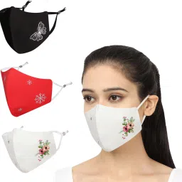 masq Anti-Pollution, Anti-Bacterial (BFE>99%) 4 Layer Embroidered, Designer, Fashionable & Protective Nylon Cloth Face Mask Combo for Women, Girls with Detachable Chain, Size Adjustable Ear Loops & Lanyard Snowflake_Combo_Large_03 Reusable, Washable Cloth Mask image 2