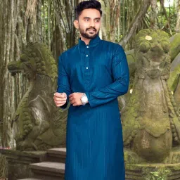 Men Striped, Self Design Cotton Blend Straight Kurta-image-15