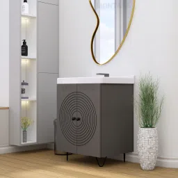Washbasin Vanity Cabinet with Ceramic Basin Sink Water Resistant HDHMR Wood 4mm Grooves Round Design Under Counter Basin-image-60