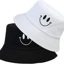 Highever Unisex Smiley Embroidered foldable cotton Reversible Bucket Hat-picture-10