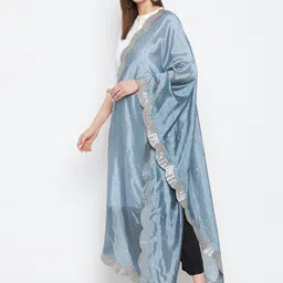 Clora Creation Grey & Silver-Toned Embroidered Dupatta With Sequinned image 4