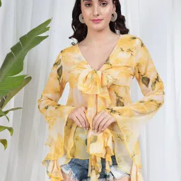 Casual Bell Sleeves Floral Print Women Yellow Top-picture-1