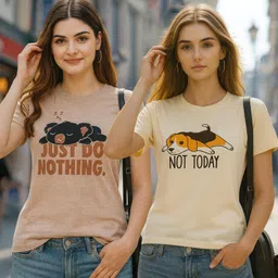 fabflee Pack of 2 Women Solid Round Neck Cotton Blend Multicolor T-Shirt-picture-34