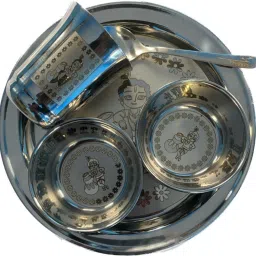 Pack of 5 Stainless Steel Krishna Printed Stainles Steel Dinner/Bhog Set Dinner Set-image-9