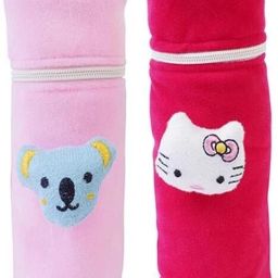 Soft Plush Stretchable Baby Feeding Bottle Cover Easy to Hold Strap and Zip | Suitable for 130 ML-250 ML Feeding Bottle-Dark Pink-Light Pink-image-25