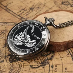 Classic Quirk Royal Gandhi Style Premium Zodiac Theme Scorpio Logo Engraved Key chain with Key Ring Car, Bike for Men & Woman Best Gift Black Metal Pocket Watch Chain-image-135