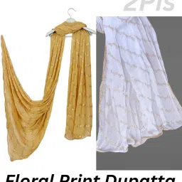 Chiffon Self Design Gold, White Women Dupatta-3