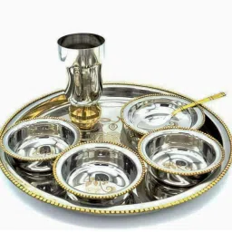 Pack of 7 Stainless Steel 7 pieces Dinner Set Thali Set, Bowl, Spoon, Glass with Gold Look Dinnerware Dinner Set-8