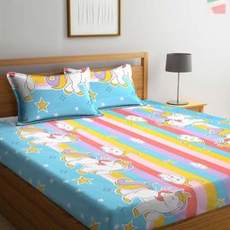 Blue & Pink Cartoon Characters 300 TC 2 King Bedsheet with 4 Pillow Covers-2