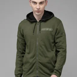 Voi Jeans Men Olive Green Printed Hooded Sweatshirt-image-12