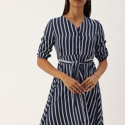 Campus Sutra Women Navy Blue Striped Knee Length Fit and Flare Dress-image-50