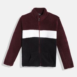 Nick and Jones Boys Maroon White Colourblocked Fleece Tailored Jacket-image-1