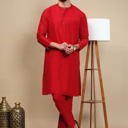 WHITE HEART Band Collar Straight Kurta With Pyjamas-58