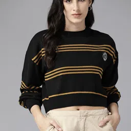 The Roadster Lifestyle Co. Pure Acrylic Striped Crop Pullover-picture-19