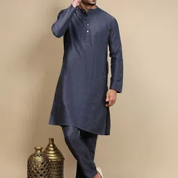 WHITE HEART Band Collar Straight Kurta With Pyjamas-image-49