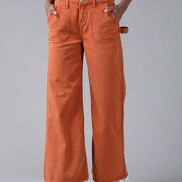 The Roadster Lifestyle Co Women Rust Orange Pure Cotton Wide Leg Jeans-image-77