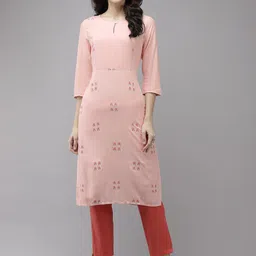 W Women Pink & Teal Blue Floral Printed Keyhole Neck Kurta-image-23