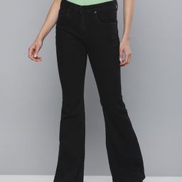 HERE&NOW Women Black High-Rise Clean Look Flared Jeans-picture-3