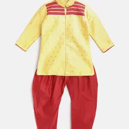 BownBee Boys Yellow & Red Woven Design Sherwani Set-picture-5