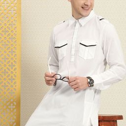 House of Pataudi Men White & Black Colourblocked Pathani Kurta-54