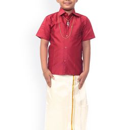 Thala-thalapathy Boys Maroon & Off-White Solid Shirt with Veshti & Towel With Gift Set-33