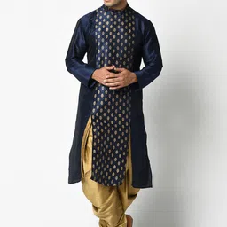 DEYANN Men Navy Blue & Gold-Toned Printed Kurta with Dhoti Pants-picture-14